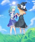  2girls absurdres black_dress blonde_hair blue_skirt closed_mouth cloud commeowdore dress grass green_hair hat hat_ribbon highres holding_hands kirisame_marisa kochiya_sanae medium_hair multiple_girls ribbon short_sleeves skirt sky sleeveless sleeveless_dress smile sunlight touhou white_dress 