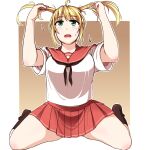  1girl ahoge arms_up bangs blonde_hair border breasts brown_background brown_legwear commentary_request dot_nose elbow_blush eyebrows_visible_through_hair facing_viewer full_body gradient gradient_background green_eyes knee_blush open_mouth original outline pleated_skirt red_skirt shirt short_sleeves sidelocks sitting skirt solo straight-on sumi_(okiraku-tei) sweatdrop tareme thick_thighs thighs twintails wariza white_border white_outline white_shirt 