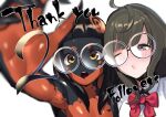  2girls absurdres bangs black_hair black_skin blunt_bangs blush bow bowtie brown_eyes brown_hair closed_mouth colored_skin commentary_request highres iro-chan koiso_usu long_hair looking_at_viewer milestone_celebration monster_girl multicolored_skin multiple_girls o3o one_eye_closed open_mouth orange_skin original purple_eyes red_bow red_bowtie shirt simple_background two-tone_skin upper_body white_background white_shirt 