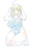  1girl ahoge arms_up artist_name artoria_pendragon_(fate) bangs blonde_hair blue_swimsuit breasts cleavage collarbone covered_navel covered_nipples eyebrows_visible_through_hair f.w.zholic fate_(series) full_body green_eyes highres large_breasts long_hair looking_at_viewer one-piece_swimsuit parted_lips puffy_nipples simple_background solo swimsuit thick_thighs thighs white_background 