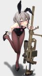  1girl absurdres adjusting_clothes adjusting_shoe animal_ears bipod black_leotard blush bolt_action breasts cheytac_m200 cleavage condom eyebrows_visible_through_hair fake_animal_ears girls&#039;_frontline grey_hair gun high_heels highres holding holding_gun holding_weapon leotard long_hair m200_(girls&#039;_frontline) nakiusagi necktie nipple_slip nipples open_mouth oversized_breast_cup pantyhose playboy_bunny purple_eyes rabbit_ears red_necktie rifle shadow short_hair_with_long_locks short_ponytail sidelocks small_breasts sniper_rifle sniper_scope solo standing standing_on_one_leg weapon wrist_cuffs 