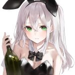  1girl alcohol animal_ears bangs bare_shoulders black_bow black_bowtie black_leotard bow bowtie breasts cleavage collarbone earrings green_eyes highres jewelry knowa large_breasts leotard long_hair looking_at_viewer original parted_bangs playboy_bunny rabbit_ears simple_background solo sweat white_background white_hair wine wrist_cuffs 