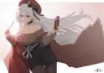  1girl aran_sweater azur_lane bare_shoulders belfast_(azur_lane) belfast_(shopping_with_the_head_maid)_(azur_lane) beret black_legwear black_skirt blue_eyes breasts brown_sweater cleavage cowboy_shot earrings floating_hair food hat highres holding holding_food holding_pocky hoop_earrings huge_breasts jewelry long_hair looking_at_viewer off-shoulder_sweater off_shoulder official_alternate_costume oregano_(olgn_eao) pantyhose pencil_skirt pocky red_headwear red_shawl shawl signature simple_background skirt smile solo sweater very_long_hair white_background white_hair 