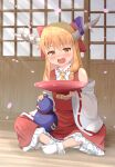  1girl :d alcohol blush bow cherry_blossoms cosplay cup detached_sleeves drunk fang gourd hair_bow hakurei_reimu hakurei_reimu_(cosplay) haniwa_(leaf_garden) highres holding horn_ornament horn_ribbon horns ibuki_suika indian_style long_hair looking_at_viewer low-tied_long_hair oni_horns open_mouth orange_hair petals red_bow ribbon sakazuki sake shirt sitting skirt sleeveless sleeveless_shirt sliding_doors smile socks solo tatami touhou very_long_hair white_legwear 