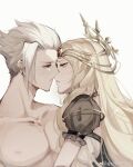  1boy 1girl absurdres bai_guangying_(ye_luoli) blonde_hair hair_ornament highres kiss long_hair mouth open_mouth qingqing_qianqian_yi_chu_ya sad short_hair spiked_hair topless_male white_background ye_luoli 