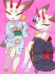  2022 absurd_res animal_crossing anthro asian_clothing biped breasts cervid cleavage clothed clothing digital_media_(artwork) east_asian_clothing female hi_res hooves horn japanese_clothing kame_3 kimono looking_at_viewer mammal nintendo pink_background pipe red_horn shino_(animal_crossing) simple_background smile solo video_games yellow_eyes 