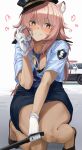  1girl absurdres animal_ears arknights baton_(weapon) blush car cuffs dierbeibanjia gloves gravel_(arknights) ground_vehicle hair_between_eyes handcuffs heart highres long_hair looking_at_viewer motor_vehicle open_clothes pink_hair police police_uniform simple_background smile solo uniform weapon 