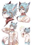  anthro blue_hair bottomless brown_eyes canid canine canis cheek_tuft chest_tuft clothed clothing collar dialogue dipstick_tail facial_tuft hair hand_on_face headgear hi_res holding_object japanese_text jewelry koei_tecmo male mammal markings multiple_images muscular muscular_male open_clothing open_shirt open_topwear saikin_san_(artist) setsuna_(warrior_stars) shirt simple_background smile smirk solo tail_markings text topwear translation_request tuft warriors_(game_series) warriors_all-stars wolf 