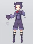  1boy aona_(noraneko) black_eyes boots bow bowtie calf_socks center_frills character_name collared_shirt colored_sclera constricted_pupils cross-laced_footwear frills gengar grin hair_ears hair_slicked_back jabot lace-up_boots looking_to_the_side male_focus personification pokedex_number pokemon purple_hair red_sclera shirt short_hair shorts signature sleeves_past_fingers sleeves_past_wrists smile sock_garters solo spiked_hair suspenders v-shaped_eyebrows 