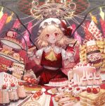  1girl :q ascot bangs blonde_hair blueberry bow cake cake_slice cookie crystal cup cupcake doughnut flandre_scarlet food fork frilled_shirt_collar frills fruit hair_between_eyes hat hat_ribbon highres holding holding_fork holding_plate licking_lips looking_at_viewer macaron mob_cap mochacot pancake pastry pie plate puffy_short_sleeves puffy_sleeves red_bow red_eyes red_nails red_ribbon red_skirt red_vest ribbon shirt short_sleeves skirt skirt_set solo spoon strawberry strawberry_shortcake sweets teacup tiered_tray tongue tongue_out touhou vest white_headwear white_shirt wings wrist_cuffs 