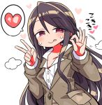  1girl :p blush brown_hair brown_jacket buttons collarbone collared_shirt eyebrows_visible_through_hair gundou_mirei half-closed_eyes handjob_gesture heart jacket kanikama long_hair long_sleeves looking_at_viewer nijisanji purple_eyes shirt solo sweat tongue tongue_out v virtual_youtuber white_shirt 