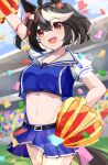  1girl :d absurdres arm_up asahina_yoi bangs belt black_belt black_hair blue_shirt blue_skirt blue_sky cloud commentary_request confetti cowboy_shot crop_top day eyebrows_visible_through_hair head_tilt highres holding holding_pom_poms kitasan_black_(umamusume) midriff miniskirt multicolored_hair navel open_mouth orange_eyes outdoors pleated_skirt pom_pom_(cheerleading) puffy_short_sleeves puffy_sleeves shirt short_hair short_sleeves skirt sky smile solo standing stomach umamusume white_hair 