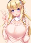  1girl absurdres blonde_hair blue_eyes blush breasts collarbone eyebrows_visible_through_hair fletcher_(kancolle) highres kantai_collection large_breasts long_hair long_sleeves open_mouth pink_background pink_sweater ruin_re_birth side_bun simple_background smile solo sweater upper_body v 