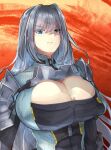  1girl armor blue_eyes breast_tattoo breasts cleavage cleavage_cutout clothing_cutout ethel_(xenoblade) eyebrows eyebrows_visible_through_hair highres large_breasts long_hair omikuji_(6954) shoulder_armor solo tattoo very_long_hair xenoblade_chronicles_(series) xenoblade_chronicles_3 