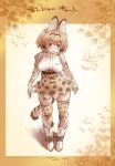 1girl animal_ear_fluff animal_ears blonde_hair bow bowtie cat_ears cat_girl cat_tail elbow_gloves gloves highres kemono_friends looking_at_viewer nyororiso_(muyaa) orange_bow serval_(kemono_friends) serval_print shirt short_hair skirt smile solo tail 