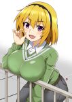  1girl aoi_manabu bangs black_hairband blonde_hair breasts denim fang fellatio_gesture green_sweater hairband higurashi_no_naku_koro_ni houjou_satoko jeans large_breasts looking_at_viewer pants pink_eyes railing shirt short_hair skin_fang solo sweat sweater white_shirt 