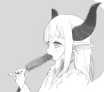  1girl blush demon_girl demon_horns emma_august fellatio fingernails food greyscale holding horns long_fingernails long_hair long_sleeves monochrome nijisanji oral pointy_ears popsicle saliva satsuyo sidelocks simulated_fellatio solo tongue tongue_out upper_body virtual_youtuber 