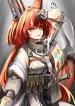  1girl :d absurdres animal_ears arknights armor breastplate brown_bag ear_covers ear_tag eyebrows_visible_through_hair flametail_(arknights) gauntlets gloves grey_background grey_gloves hand_up highres hot kurosabi_neko long_hair open_mouth pouch red_hair sheath sheathed simple_background smile solo squirrel_ears squirrel_girl squirrel_tail sweat tail upper_body yellow_eyes 