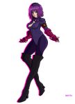  absurdres asamiya_athena bad_end bodysuit boots capcom corruption crossover highres leather leather_boots mind_control necktie pantyhose purple_eyes purple_hair shadaloo_dolls snk street_fighter the_king_of_fighters 