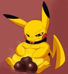  anthro balls big_balls bodily_fluids brown_eyes collar dipstick_ears flaccid genitals half-closed_eyes hi_res looking_at_viewer male modca multicolored_ears narrowed_eyes nintendo nude penis pikachu pok&eacute;mon pok&eacute;mon_(species) sitting smile solo sweat sweaty_balls sweaty_genitalia sweaty_penis video_games yellow_body 