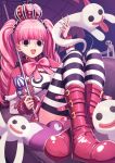  1girl black_eyes boots bow capelet crossed_legs crown deadnooodles fur_trim hair_behind_ear highres long_hair looking_at_viewer one_piece open_mouth perona pink_bow pink_capelet pink_footwear pink_hair shirt sitting smile solo striped striped_legwear thighhighs twintails white_shirt 