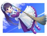  1girl bangs blush border bow broom chocomarybadend cloud dress eyebrows_visible_through_hair floating hair_behind_ear highres holding holding_broom maid maid_headdress open_mouth ponko_(ponkotsu_ponko) ponkotsu_ponko purple_dress purple_eyes purple_footwear sky solo white_border white_bow 