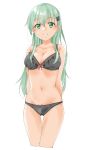  1girl absurdres aqua_hair arms_behind_back black_bra black_panties bra breasts cleavage cowboy_shot green_eyes hair_ornament hairclip highres kantai_collection large_breasts long_hair looking_at_viewer maonatten panties simple_background smile solo suzuya_(kancolle) underwear underwear_only white_background 