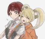  2girls :d bangs blonde_hair bow cat_hair_ornament commentary_request danganronpa_(series) danganronpa_2:_goodbye_despair etanoku freckles green_vest grey_background grey_shirt hair_bow hair_ornament highres japanese_clothes kimono koizumi_mahiru long_hair long_sleeves multiple_girls necktie open_mouth plaid_necktie red_hair saionji_hiyoko shirt short_hair simple_background smile teeth twintails upper_teeth vest 