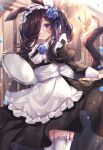  1girl absurdres animal_ears apron blue_flower blush brown_hair flower frilled_apron frills garter_straps hair_flower hair_ornament hair_over_eyes hair_ribbon highres horse_ears horse_girl lace lace_legwear long_hair long_sleeves looking_at_viewer maid_apron maid_headdress petals purple_eyes ribbon rice_shower_(umamusume) solo sorashima_(117) thighhighs umamusume white_legwear 