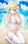  1girl absurdres bangs beach bikini blonde_hair blue_sky breasts choker clearpage cleavage closed_mouth cloud collarbone commentary eyebrows_visible_through_hair flower genshin_impact hair_flower hair_ornament hands_up highres kneeling large_breasts looking_at_viewer lumine_(genshin_impact) navel no_shoes ocean sand see-through seiza short_hair_with_long_locks sitting skindentation sky smile solo stomach swimsuit thighhighs thighs water wet white_bikini white_choker white_flower white_legwear white_veil wrist_flower yellow_eyes 