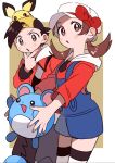  1boy 1girl :o backwards_hat bangs baseball_cap blue_overalls blush_stickers border bow brown_background brown_eyes brown_hair cabbie_hat commentary_request ethan_(pokemon) eyelashes grey_pants hand_on_own_chin hand_up hat hat_bow highres holding holding_pokemon jacket long_hair lyra_(pokemon) marill momotose_(hzuu_xh4) on_head overalls pants pichu pokemon pokemon_(creature) pokemon_(game) pokemon_hgss pokemon_on_head red_bow red_shirt shirt stroking_own_chin thighhighs twintails twitter_username white_border white_headwear white_legwear 