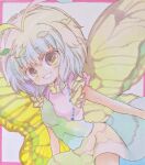  1girl antennae aqua_hair blush butterfly_wings cowboy_shot dress eternity_larva eyebrows_visible_through_hair fairy green_dress hair_between_eyes leaf leaf_on_head multicolored_clothes multicolored_dress nishina_masato open_mouth short_hair short_sleeves smile solo touhou traditional_media wings yellow_eyes 