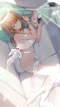  1girl bangs bare_shoulders belt blush brown_hair cellphone cona_kinaco copyright_request frilled_legwear frills green_eyes highres long_hair lying on_side one_eye_closed phone smartphone solo thighhighs underwear white_belt white_legwear 