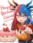  1girl bangs birthday birthday_cake blue_eyes blue_hair blue_horns blush breasts bright_pupils cake cleavage dragon_girl dragon_horns eyebrows_visible_through_hair feeding food fruit heterochromia highres horns incoming_food inferna_dragnis large_breasts long_hair looking_at_viewer monster_girl multicolored_hair multicolored_horns name_tag non-web_source open_mouth orange_eyes original red_hair red_horns smile solo split-color_hair strawberry symbol-shaped_pupils two-tone_hair usagi1923 white_pupils 