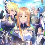  3girls :d alternate_color armor asuna_(stacia) black_gloves blonde_hair blue_hair breastplate breasts brown_eyes brown_hair cleavage closed_mouth day detached_collar faulds gloves hair_tubes highres leafa_(terraria) long_hair looking_at_viewer medium_breasts midriff multiple_girls open_mouth outdoors reaching_out shiny shiny_hair short_hair_with_long_locks shoulder_armor sidelocks sinon_(solus) smile sunlight sword_art_online tu_tora2 twitter_username very_long_hair white_gloves wing_collar 