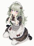  1girl alternate_costume apron black_dress black_footwear blush bow commentary dress dress_bow enmaided frilled_apron frilled_dress frills fuinagi_(huyuu_mm) green_hair hair_bow hands_on_own_face highres kusanagi_nene long_hair looking_at_viewer maid maid_headdress mary_janes pantyhose project_sekai puffy_short_sleeves puffy_sleeves purple_eyes red_bow shoes short_sleeves sitting solo v-shaped_eyebrows very_long_hair wariza white_apron white_legwear 
