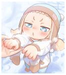  1girl :&lt; beanie blonde_hair blue_eyes blurry breath bright_pupils child commentary_request depth_of_field english_commentary engrish_commentary hat holding_hands kozato_(yu_kozato) little_blonde_girl_(kozato) mittens mittens_removed mixed-language_commentary original pom_pom_(clothes) short_bangs snow twintails white_pupils winter winter_clothes 