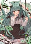  1girl animal_ears bangs bat_wings black_bow black_dress bow brown_eyes cake cat_ears chocolate_mint dress finger_to_mouth food goma_(u_p) green_hair hair_bow heart highres long_hair long_sleeves looking_at_viewer original solo spoon wings 