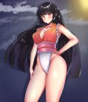  1girl bangs berrycreate black_hair blush breasts cleavage cloud cloudy_sky frills hand_on_hip highres houraisan_kaguya long_hair looking_at_viewer moon night night_sky outdoors pink_eyes singlet sky smile solo touhou touhou_tag_dream wrestling_outfit 