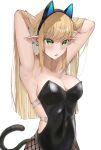  1girl 9_no_seicho_nikki absurdres animal_ears armpits arms_behind_head bangs bare_arms bare_shoulders black_leotard blonde_hair breasts cat_tail cleavage collarbone commentary_request constricted_pupils covered_navel cowboy_shot ear_piercing fake_animal_ears fake_tail fishnet_legwear fishnets green_eyes highleg highleg_leotard highres leotard long_hair medium_breasts original piercing playboy_bunny pointy_ears pointy_nose sidelocks simple_background solo tail v-shaped_eyebrows white_background 