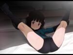  1girl :&gt; amatori_chika ass bike_shorts black_hair blush bob_cut boots brown_eyes crotch_seam gloves groin indoors knee_boots kneepits letterboxed lying namidate on_back on_bed short_hair solo spread_legs sweat v_legs visible_air world_trigger 