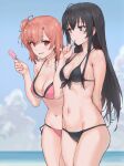  2girls arm_behind_back bikini black_bikini black_hair blue_sky breast_envy breasts cleavage cloud collarbone commentary_request day eating food hair_bun haoni highres holding holding_food horizon long_hair medium_breasts multiple_girls navel ocean orange_hair outdoors pink_bikini popsicle red_eyes short_hair sideboob sky small_breasts smile standing swimsuit thighhighs yahari_ore_no_seishun_lovecome_wa_machigatteiru. yuigahama_yui yukinoshita_yukino 