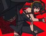  1girl bangs bare_shoulders black_dress black_gloves black_hair dress earrings fingerless_gloves gloves gold_hairband hairband highres jewelry perspective red_background red_eyes rose_hair_ornament sidelocks solo spy_x_family two-sided_dress two-sided_fabric yaya_hiyayaka yor_briar 