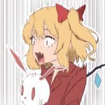  1girl bow crying crying_with_eyes_open eyebrows_visible_through_hair fang flandre_scarlet hair_bow highres open_mouth red_bow red_eyes scared screaming side_ponytail solo stuffed_animal stuffed_bunny stuffed_toy tears teasmacker touhou wings 