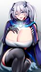 1girl absurdres azur_lane black_gloves black_legwear blue_cape blue_capelet blue_eyes breasts cape capelet cleavage commission crossed_legs gigantic_breasts gloves gradient gradient_background grey_background grey_hair hair_between_eyes hand_on_own_chest highres huge_breasts intrepid_(azur_lane) long_hair looking_at_viewer mole mole_on_breast open_mouth simple_background sitting solo teeth thighs upper_teeth very_long_hair whitewaffle 