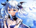  1girl absurdres blue_bow blue_eyes blue_flower blue_hair blue_rose blue_sky blush bow braid feathers flower highres holding holding_feather long_hair looking_at_viewer original outdoors rose short_sleeves sky smile solo standing suimya twintails upper_body water 
