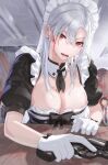  1girl 2boys bangs blood breasts cigarette cleavage earrings frills gloves gun highres holding holding_gun holding_weapon jewelry kfr long_hair looking_at_viewer maid maid_headdress multiple_boys necktie original revolver solo_focus weapon white_gloves white_hair 