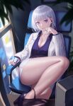  1girl 3v_ju absurdres bandaged_neck bandages bangs bare_legs black_panties breasts chair cleavage closed_mouth collarbone earpiece eyebrows_visible_through_hair feet_out_of_frame formal girls&#039;_frontline hand_on_own_cheek hand_on_own_face high_heels highres holding jacket legs looking_at_viewer medium_breasts office office_chair office_lady official_alternate_costume official_style open_clothes open_jacket panties panty_pull parted_lips purple_eyes purple_footwear purple_shirt rpk-16_(girls&#039;_frontline) shirt short_hair sitting skirt smile solo suit thighs underwear white_hair white_jacket white_skirt 