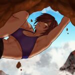  1girl abs absurdres blurry breasts cleavage cloud commentary_request depth_of_field fang glowing glowing_eye hair_over_one_eye highres large_breasts muscular muscular_female original rock_climbing senri_kitty shorts signature sports_bra tan tattoo underboob yellow_eyes 