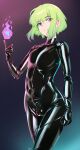  1boy absurdres bulge catsuit drawfagmona erection erection_under_clothes gloves green_hair highres latex lio_fotia male_focus promare purple_eyes short_hair_with_long_locks solo weapon 